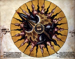 Frontispicio que representa un sol - en “Astronomicum Caesarium”, tratado de astronomía que relata la teoría de Ptolomeo, por P. Apiano. de Unknown artist