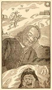 Frontispicio de El progreso del peregrino de este mundo, al que está por venir de John Bunyan (1628-1688) mostrando al autor soñando con el peregrino cristiano cargado con el conocimiento de su pecado de Unknown