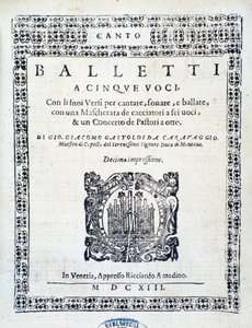 Portada de Balletti para cinco voces de Giovanni Giacomo Gastoldi de Unknown artist