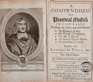Portada del Compendio de música práctica en cinco partes con lecciones de viola da gamba por Cristopher Simpson