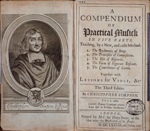 Portada del Compendio de música práctica con retrato de Christopher Simpson