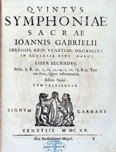 Portada del segundo libro de Sacrae symphoniae de Giovanni Gabrieli