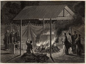 Ceremonias funerarias: incineración ritual. Grabado para ilustrar el viaje a Japón en 1863-1864, por Aime Humbert, ministro de la Confederación Suiza, en “Le tour du monde, nouveau journal des voyages”, publicado bajo la dirección de Edouard Charton de Unknown artist