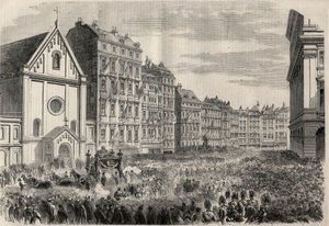 Funeral del Emperador Maximiliano I de México (1832-1867): llegada del cortejo fúnebre frente a la Iglesia de los Capuchinos de Viena. Grabado en “L