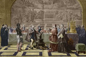 Galileo Galilei ante la Inquisición del Santo Oficio en el Vaticano (1632). Grabado después de la pintura de Robert-Fleury Joseph Nicolas (1797-1890).