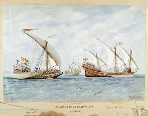 Galera y galeón del siglo XV (Acuarela) de Unknown artist
