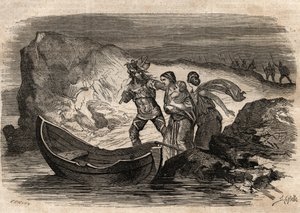 Guerras Gálicas, 58-51 a.C. Victoria romana sobre las tribus germánicas bajo Ariovisto - Ariovisto obligado a cruzar de nuevo el Rin - grabado en Dictionnaire populaire illustrious - 1864 - por Joseph Decembre y Edmond Allonier de Unknown artist