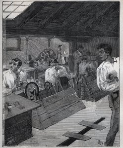Dorado galvánico: raspado de joyas de oro con un raspador. Grabado de 1885 en “Les arts et métiers illustrés” de Adolphe Bitard. de Unknown artist