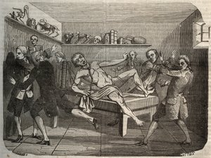 Galvanización del cadáver de un verdugo con la pila de Alessandro (Alexandre) Volta: bajo la influencia de la electricidad, el cadáver parece volver a la vida. Grabado de 1856 en 