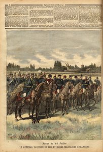 General Félix Gustave (Félix-Gustave) Saussier (1828-1905), gobernador militar de París desde 1884, rodeado de lazos militares extranjeros, revisó las tropas durante el desfile el 14 de julio de 1891 en la llanura del Bois de Boulogne. Grabado en 