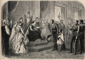 El General Robert Cornelis Napier (1810-1890) presentó a Leul Alemayehou Tewodros (1861-1879), el hijo del negus etíope Teodoro II (Tewodros), a la Reina Victoria I (1819-1901). Grabado en “L