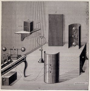 Disposición general de los experimentos de Heinrich Hertz (1857-1894) sobre ondas eléctricas - en “Física popular” de Emile Desbeaux, Flammarion de Unknown artist