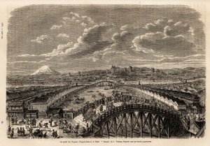 Vista general de Yedo (o Edo, actual Tokio) desde el Nippon Bassi (el puente de Nippon), animada por transeúntes y porteadores en el puente, entre los callejones comerciales, vista de las tiendas y al fondo, vista del Monte Fuji. Grabado de Unknown artist