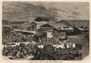 Vista general del mercado de pescado, con el puerto de las barcas de mercancías, las chozas y los puestos de presentación de los productos, y el escenario para la venta a las casas de subastas, con la animada actividad que reúne el lugar: porteadores, vend