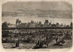 Vista general del palacio y jardines de Fontainebleau, tomada desde el suelo. Grabado para ilustrar una descripción del castillo y bosque de Fontainebleau, en 1867, por M.Pays, en “Le tour du monde, nouveau journal des voyages” publicado bajo la dirección  de Unknown artist