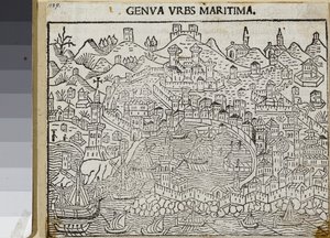 Genua urbs maritima, Del "Supplementum chronicarum", de Jacopo Filippo Foresti, Venecia 1486 (xilografía) de Unknown artist