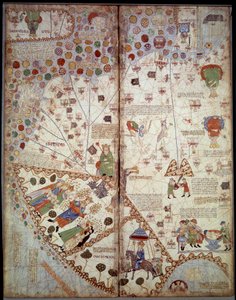 Mapa geográfico: China, Valle del Ganges, Sumatra, Ceilán. Atlas Catalán (mapa catalán) (España). Manuscrito de 1375 (Folio 2v - folio 3) por Abraham Cresques. BN, París de Unknown artist