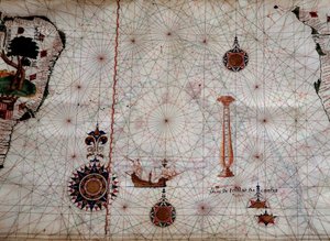 Geografía: detalle de un mapa de navegación de Luis Lazare representando las islas del archipiélago de Tristan da Cunha y la carabela del explorador del mismo nombre, frente a la costa de Sudáfrica
