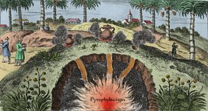 Geología: corteza terrestre explicando la salida del fuego de la tierra. Grabado de "Mundi Mirabilis Oeconomia" de Johann Zahn (1631-1707) de Unknown artist