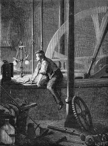 Georges Stephenson, un trabajador conductor en Newcastle, desmonta y repara su máquina de vapor. En 