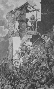Guerra de los campesinos alemanes (1524-1526): Devastación de Murrhardt, pequeña ciudad del distrito de Rems-Murr, a unos 40 km al noreste de Stuttgart, en el corazón del bosque de Suabia. de Unknown artist