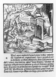 Incunable alemán que representa a un burro enseñando a una clase de animales del bosque. 1490. de Unknown artist
