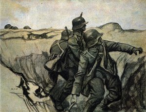 Soldados alemanes lanzan granadas desde las trincheras a las tropas enemigas. 26/5/1917. de Unknown Artist