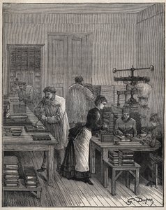 Dorado de libros (cubiertas) en hierro en un taller en Francia en el siglo XIX. Grabado de 1885 en "Les arts et metiers illustres" por Adolphe BITARD de Unknown artist