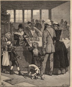 Arte del vidrio: turistas comprando una perla soplada en una fábrica de vidrio en Venecia, Italia. Grabado de 1885 en “Les arts et métiers illustrés” de Adolphe Bitard. de Unknown artist