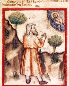 Dios pide a Jacob que vaya a Betel y construya un altar. Miniatura del códice 212 (o códice padovano o Biblia de Padua) 1390-1400 Rovigo, Accademia dei Concordi