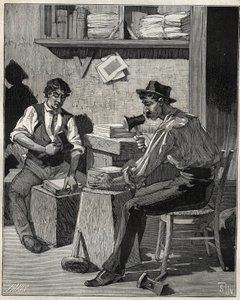 Batidor de oro. Grabado de 1885 en “Les arts et métiers illustrés” de Adolphe Bitard.
