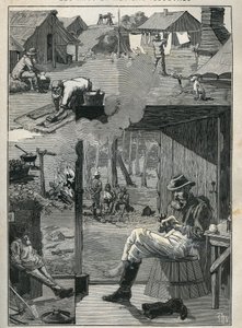 Buscadores de oro en Australia: escena de la vida diaria de los mineros durante sus días de descanso (limpieza y secado de ropa, calcetines, etc.). Grabado de 1885 en “Les arts et metiers illustres” de Adolphe Bitard.