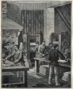 Orfebrería: preparación de la placa, preparación del metal para la ejecución de una platería especial. Grabado de 1885 en “Les arts et metiers illustres” de Adolphe Bitard. de Unknown artist