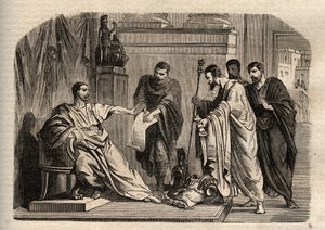 Gordiano I (158-238) rechazando la dignidad imperial - Gordiano I (Marcus Antonius Gordianus Sempronianus Romanus Africanus) rechazó la dignidad imperial - grabado en Dictionnaire populaire illustrious - 1864 - por Joseph Decembre y Edmond Allonier de Unknown artist