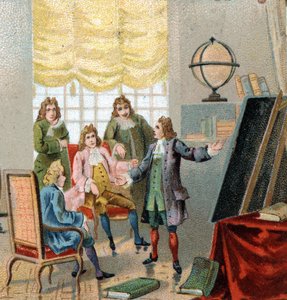 Gottfried Wilhelm Leibniz (1646-1716), filósofo y matemático alemán; demostrando sus teorías sobre el cálculo diferencial. Cromolitografía, finales del siglo XIX.