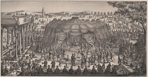 Gran Banquete dado por Tamerlán (1336-1405) en la llanura de Khani Gheul para celebrar el matrimonio de sus nietos - Grabado del siglo XIX