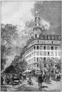 Grandes bulevares e inmuebles haussmanianos en París: Hotel de la Compagnie "La New York" boulevard des Italiens. Grabado en "Le Monde Illustré" de Unknown artist