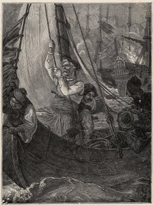 Guerra de Independencia Griega 1821 - 1829: Constantino Kanaris (Konstantinos Canaris) quemando el buque insignia de la flota turca frente a Quíos de Unknown artist