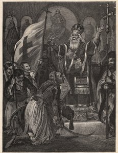Guerra de Independencia Griega 1821 - 1829: el obispo Germanos III de Patras Viejo (Georgios Gotzias) bendiciendo la bandera de la lucha por la libertad, monasterio de Agia Lavra, 21 de marzo de 1821 - grabado después de la pintura de Unknown artist