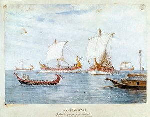 Buques de guerra y comercio griegos (Acuarela) de Unknown artist