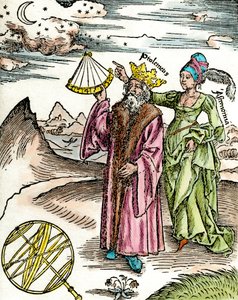 Astrónomo griego Claudio Ptolomeo usando un sextante y Astronomía. Grabado de 1503 de Unknown artist