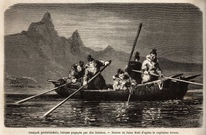 Umyak de Groenlandia, tipo de barco operado por mujeres. Grabado para ilustrar el viaje al mar libre del polo Ártico, por el Doctor Hayes, cirujano de la Marina de los Estados Unidos, en 1860-1862, publicado en “Le tour du monde, nouveau journal des voyage de Unknown artist
