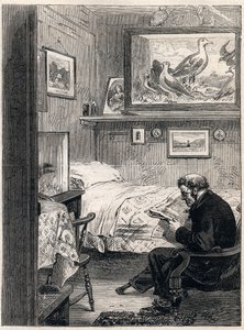 Cabina del Hospital de Greenwich Royal Charles Ward - Grabado de 1865 de un pensionista naval en sus cuartos de retiro (Hospital de Greenwich) - de Unknown artist