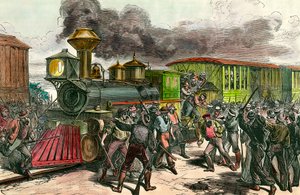 Huelga en la línea ferroviaria que conecta Baltimore, Ohio. Trabajadores persiguen a conductores e ingenieros de un tren que se dirige a Baltimore. Grabado del siglo XIX. Colección privada de Unknown artist