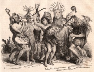 Grupo de salvajes brasileños bailando con disfraces, máscaras y tocados tradicionales de Unknown