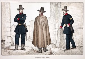 Guardianes de la Paz (1848-1849). Aguafuerte en colores, para ilustración “Historia del cuerpo de los guardianes de la paz” libro publicado bajo los auspicios de Louis Lepine (1846-1933) prefecto de policía de la Sena, por Alfred Rey y Louis Feron de Unknown artist