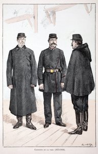 Guardianes de la Paz (1873-1894). Ilustración de “Histoire du corps des gardiens de la paix” libro publicado bajo los auspicios de Louis Lepine (1846-1933), prefecto de policía de la Seine, por Alfred Rey (1864-?) y Louis Feron (1862-?) de Unknown artist