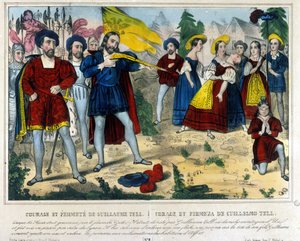Guillermo Tell (héroe legendario de la independencia suiza). El bárbaro Gesler obliga a Guillermo Tell a quitar con una flecha una manzana colocada en la cabeza de su hijo. Grabado del siglo XIX