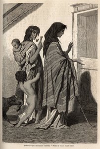 Mujeres y niños gitanos, en harapos o medio desnudos, pidiendo limosna de puerta en puerta en Essek (cuenca del Danubio). Grabado para ilustrar los recuerdos de viaje entre los eslavos del sur, por Georges Perrot, en 1868, publicado en “Le tour du monde” 1 de Unknown artist