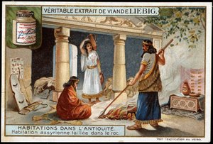 Habitaciones en la antigüedad: vivienda asiria tallada en la roca (Mesopotamia) - Cromolitografía de Liebig de Unknown artist